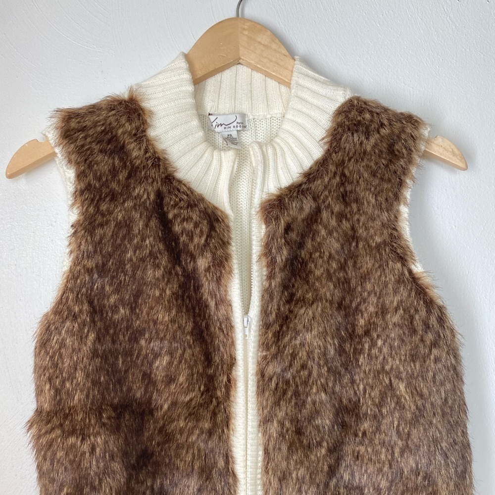 NWOT: Kim Rogers Petite Faux Fur Knit Vest. Brown/Ivory. Sz PS. - Picture 7 of 12